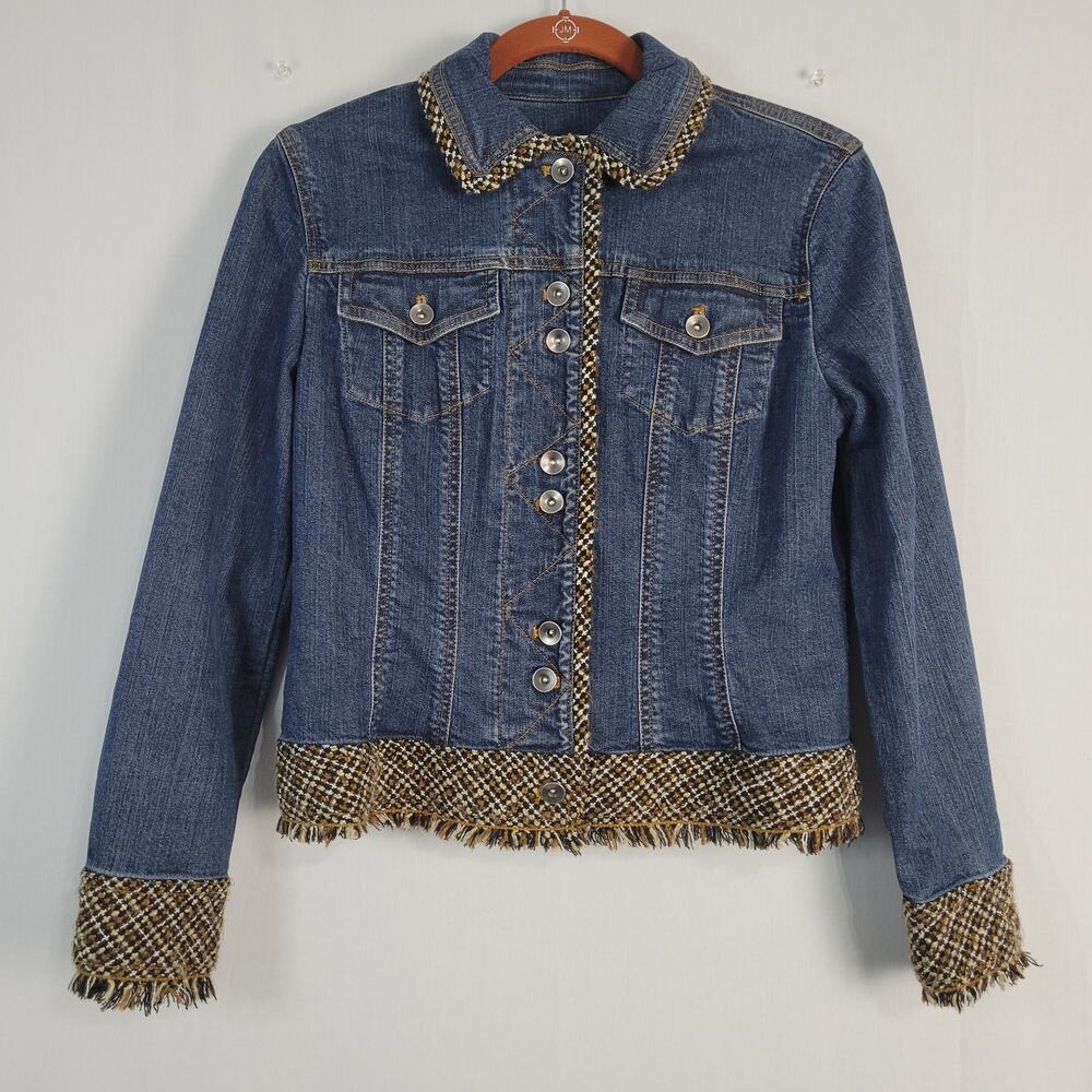 Coldwater Creek denim contrast tweed hem jacket sz P6 blue brown classic pockets
